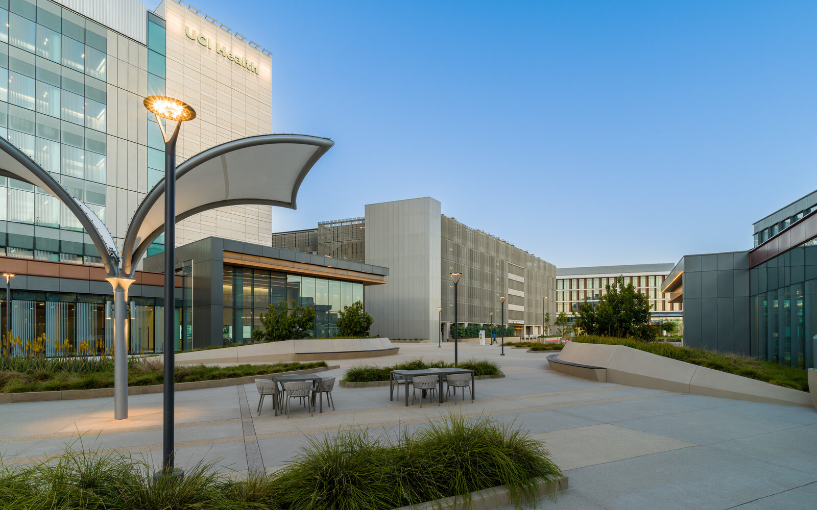 UCI Health dusk courtyard